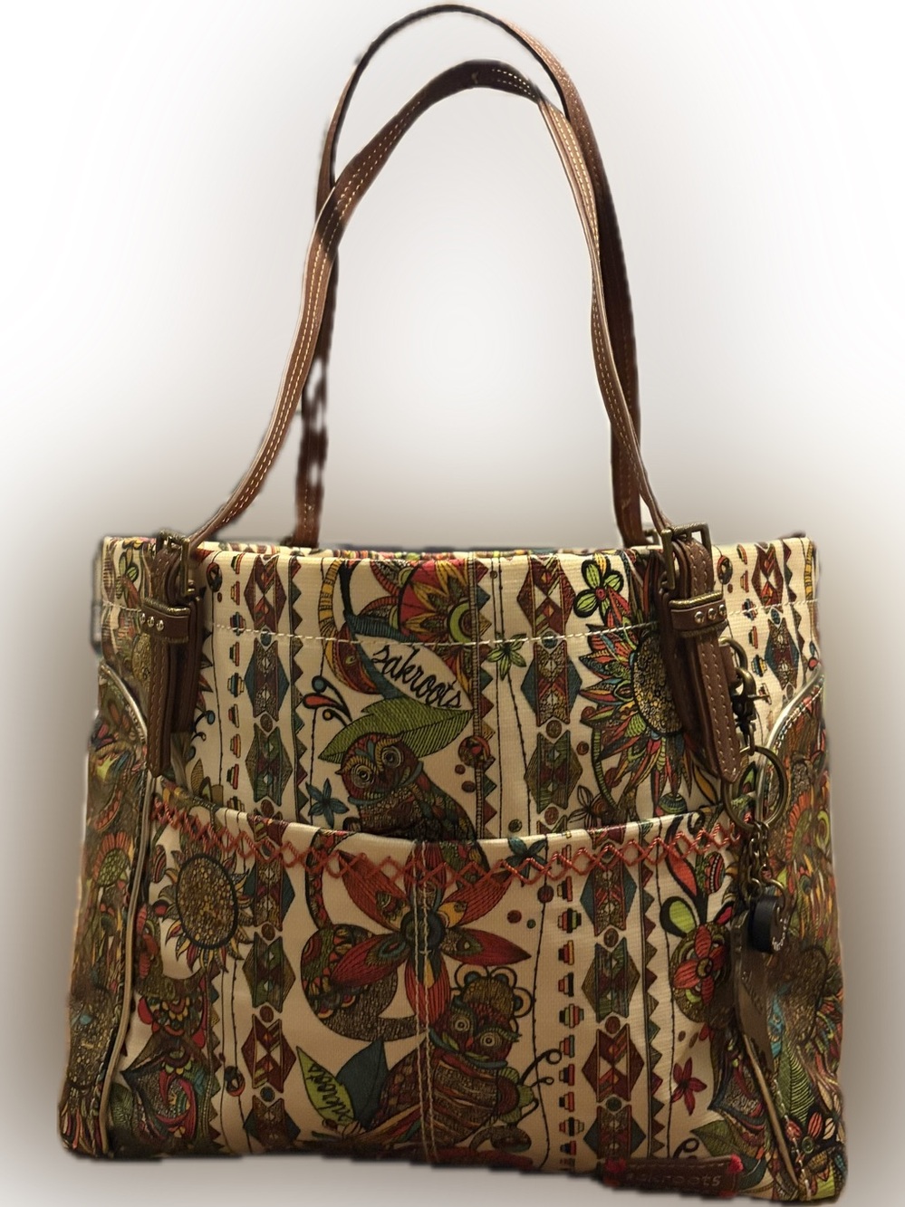 Sakroots Bag Boho Clorful Fun Floral Cream Tote Bag with Brown Handles & charm - Picture 2 of 6